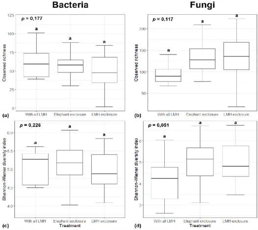 Figure 23: Mean bacterial and fungal richness and Shannon-Wiener diversity index values for  combined  dry  and  wet  seasons  across  three  herbivore  treatments  within  the  Nkuhlu  exclosures,  Kruger  National  Park