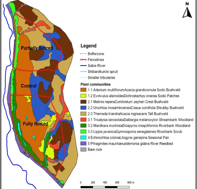 Figure 12: Vegetation map of the Nkuhlu exclosures indicating the location of the Sabie River, 
