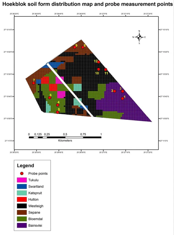 Figure 5-24:  Hoekblok soil form distribution map and sampling points. 