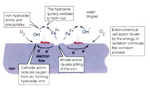 Figure 1.2  Process involved in the formation of iron oxide (rust) in the electrochemical cell