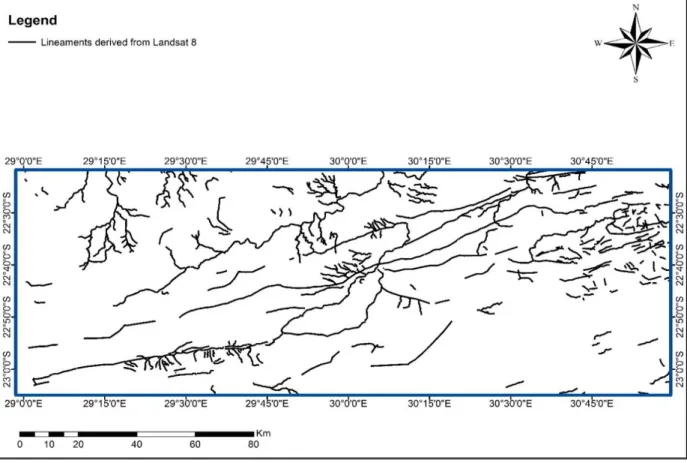 Figure  4.4:  Major  and  Minor  digitized  lineaments  derived  from  Landsat  8  OLI  Satellite  image