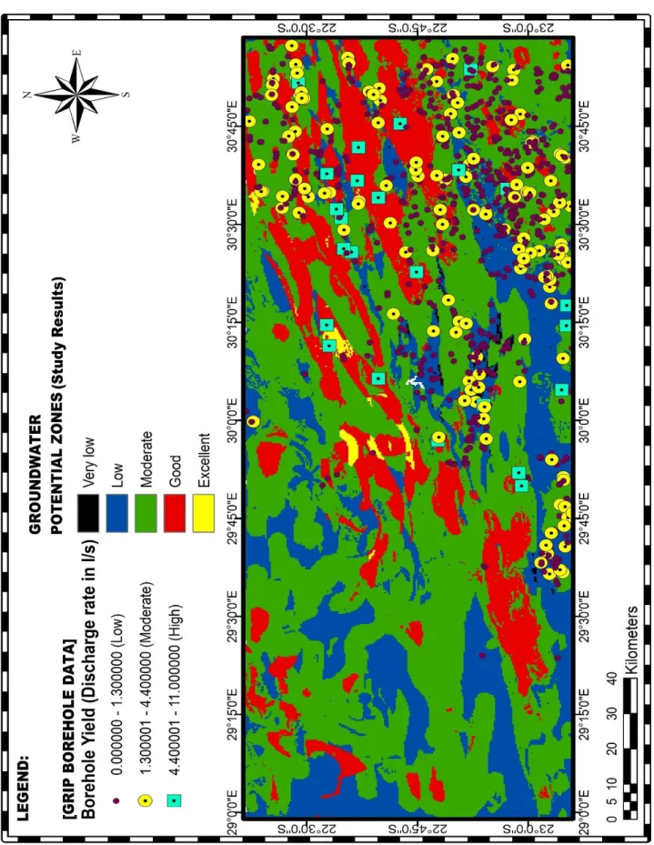 Figure 4.20: Boreholes yield superimposed over the groundwater potential zone map. 