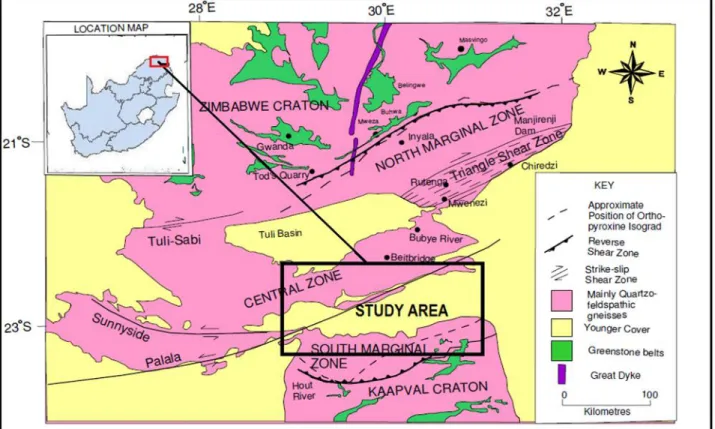 Figure 1.1: Geographic location of the study area (Modified from Chinoda et al., 2009)  1.6.2 Geology 