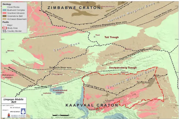 Figure  2.1:  Regional  map  of  the  study  area  showing  all  the  lithologies  (Adapted  from  Borshoff et al., 2006)