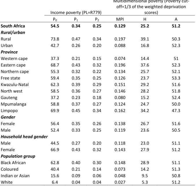Table 1: Income and multidimensional poverty estimates for South Africa (2011) 