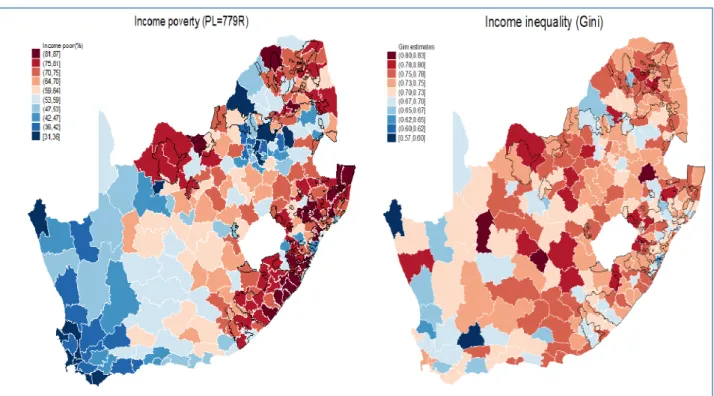Figure 2 presents the spatial distribution of income poverty 7  and inequality in South Africa