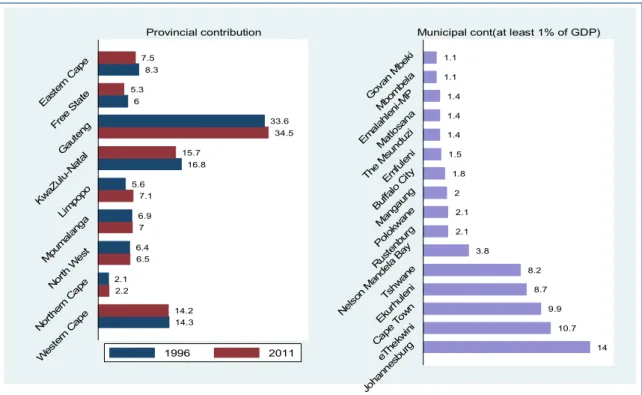 Figure 1: Provincial and municipal contributions to GDP in South Africa (1996 and 2011) 