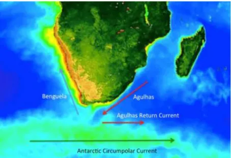Figure 1:  South African Geographical Advantage for coastal and marine research  – a crossroads of ocean  dynamics, with a rich ecological diversity within easy reach of the major centres where research capacity is  present