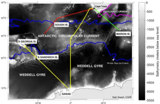Figure  2:   South  Africa’s  geographical  coverage  of  the  Southern  Hemisphere  oceans  and  access  to  the  Antarctic  region