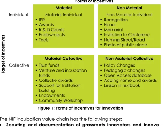 Figure 1: Forms of incentives for innovation The NIF incubation value chain has the following steps: