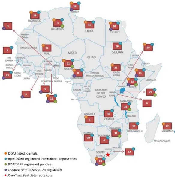 Figure 10. Map of Open Science activities and initiatives on the African continent 