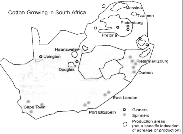 FIGURE 3:  PRESENT DAY COTTON PRODUCTION AREAS,  GINNING AND SPINNERS 