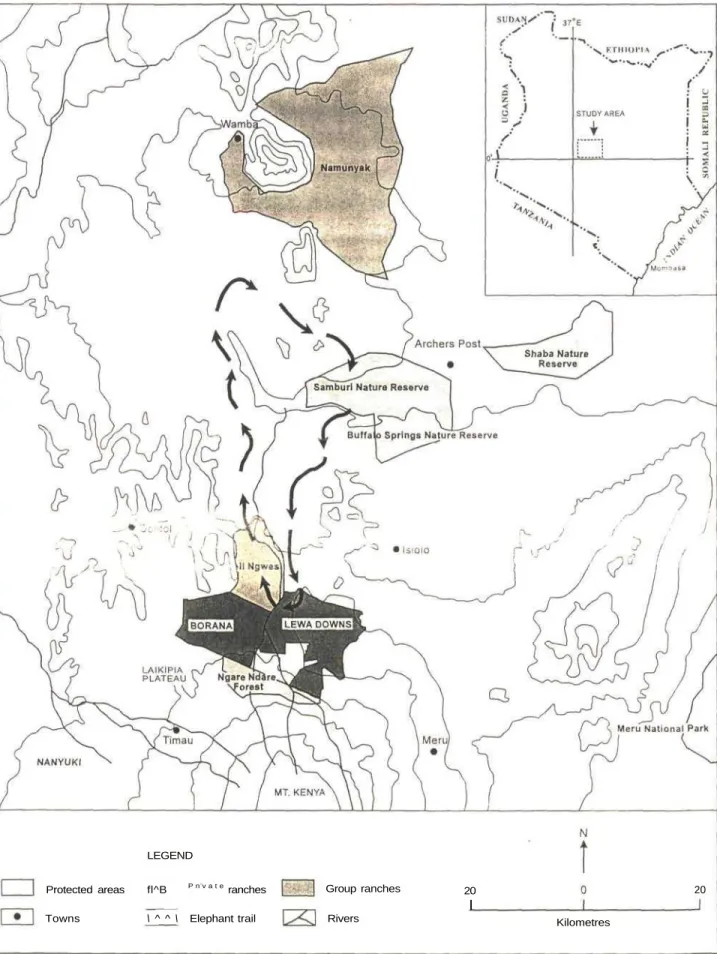 Figure 2.1 : II Ngwesi, Lewa and Neighbouring Conservation Areas. (Insert: II Ngwesi Location within Kenya)