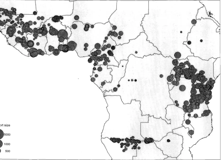 Figure  7.1: Geographical distribution and size  of2335 parasite ratio surveys (total of  328,325  children <10 years tested)  across Africa