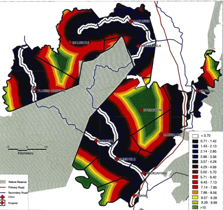 Figure 5.4:  Proximity (kilometres) to primary and secondary roads by clinic catchment, Hlabisa district 