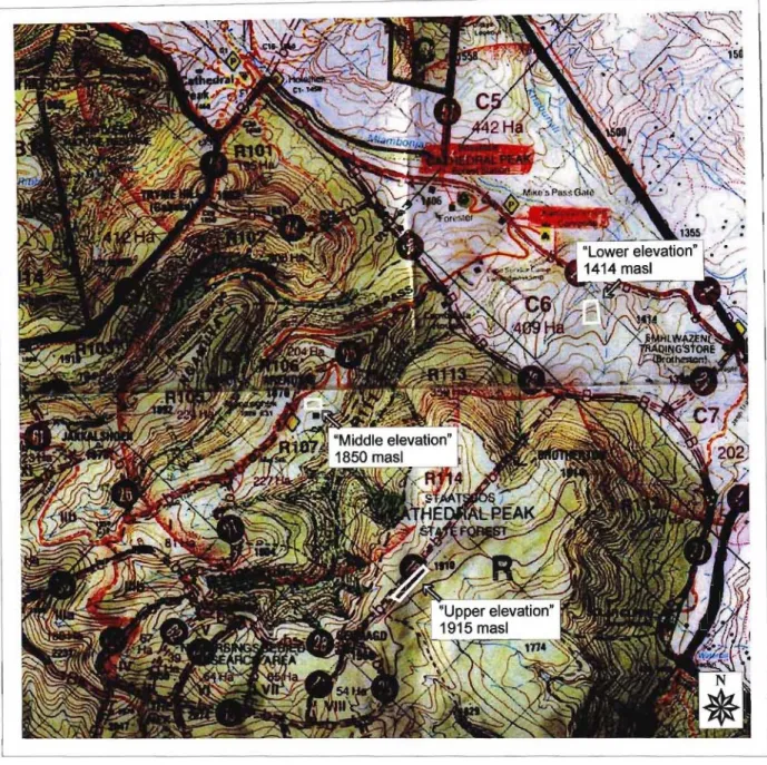 Figure 6.1. Location map - Cathedral Peak Nature Reserve.The positions at which the three different elevational treatments were located, and the terrain encountered.