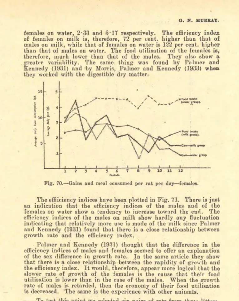 Fig.  70.-Gains  and  m~&gt;al  consumed  per  rat  per  day-females. 