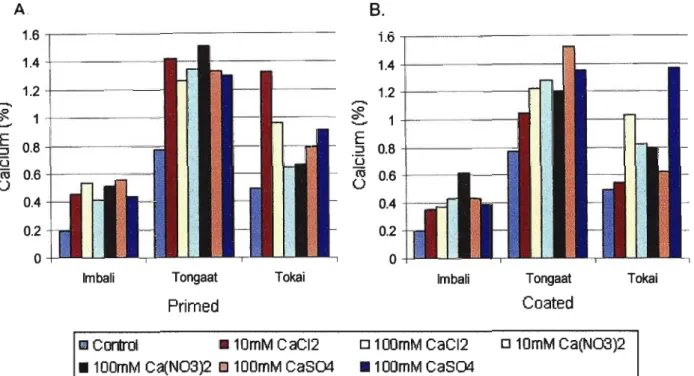 Figure 2.3. Comparison of efficacy of priming (A) and coating (B) enhancement techniques with respect to calcium uptake by cotyledons of Phaseolus vulgaris L