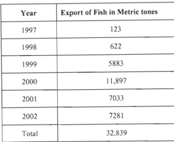 Table 3.4 Eritrean Total Fish Exports from 1997-2002  Year  Export of Fish in Metric tones 