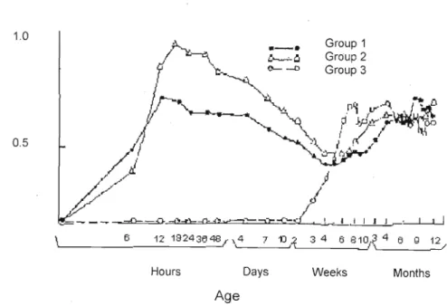 Figure 1.4 Immunoglobulin G levels in colostrum -fed and colustrum-deprived foals from birth to 1 year (Jeffcott , 1974b); Group 1 = normal suckling; Group 2