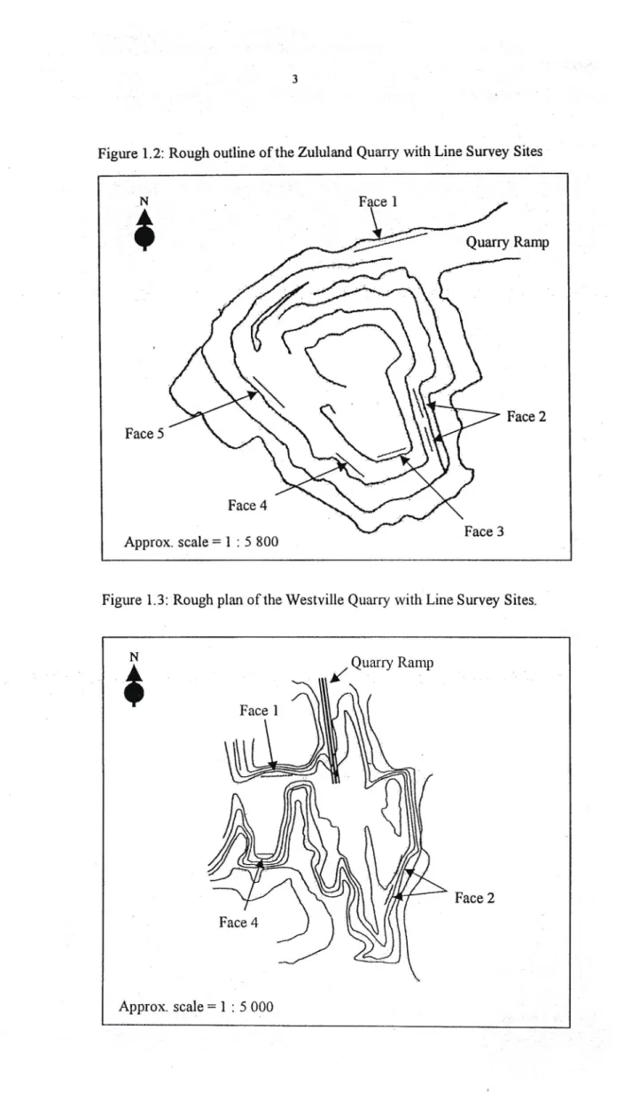 Figure 1.2: Rough outline of the Zululand Quarry with Line Survey Sites