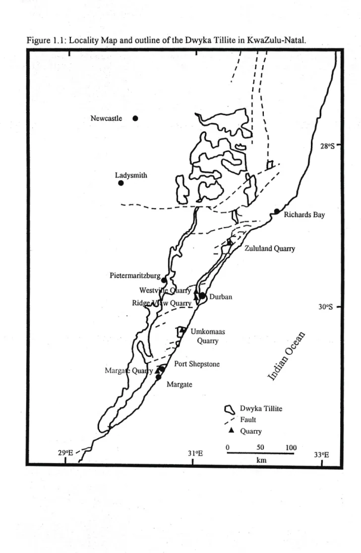 Figure 1.1: Locality Map and outline of the Dwyka Tillite in KwaZulu-Natal.