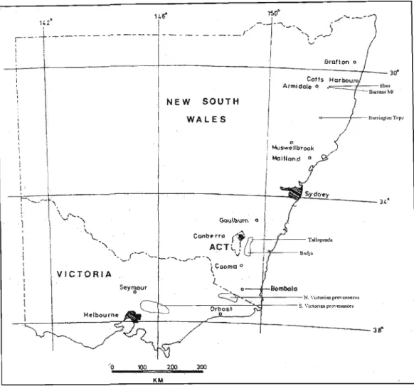 Figure 1.1 Map of the distribution of E. nitens with localities of the major provenances (adapted from Purnell and Lundquist (1986».