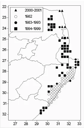 Figure 1.2:  Distribution of Chromolaena odorata between 1994 and 2001  (SAPIA database: after Henderson, 2002)