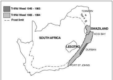 Figure 1.3:  Climatic limitations to inland spread  (after Goodall &amp; Erasmus, 1996)