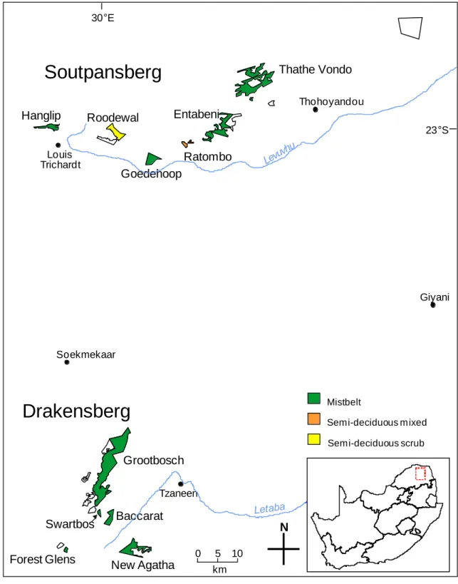 Figure  2.1:  Distribution  of  forests  studied  in  Limpopo  Province  and  associated  forest  subtypes (modified from Geldenhuys &amp; Venter 2002)