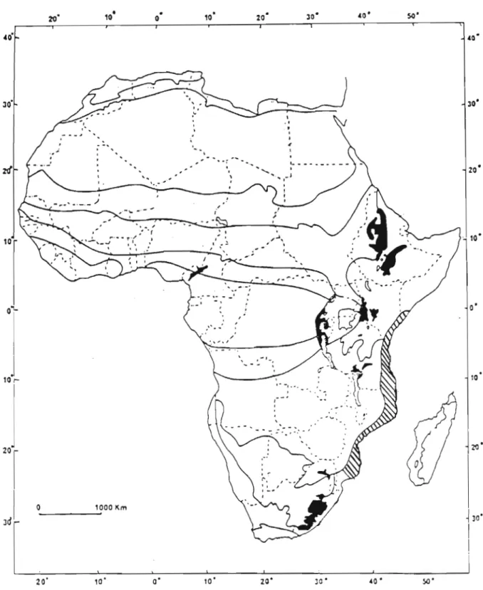 Fig.  1. 1:  Main phytocoria of Africa and  Madagascar, showing the geographical position  of Zanzibar Inhambane Regional Mosaic (marked~  )