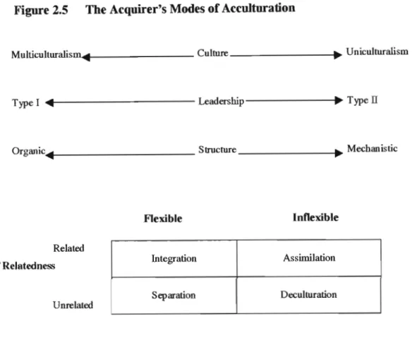 Figure 2.5 combines all concepts and illustrates the acquirer's modes of acculturation in different organisations.
