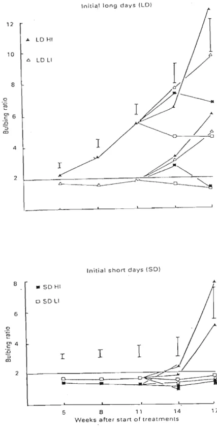 Figure 2.3 Effect of radiance level and daylength on bulbing ratio in onion cv.