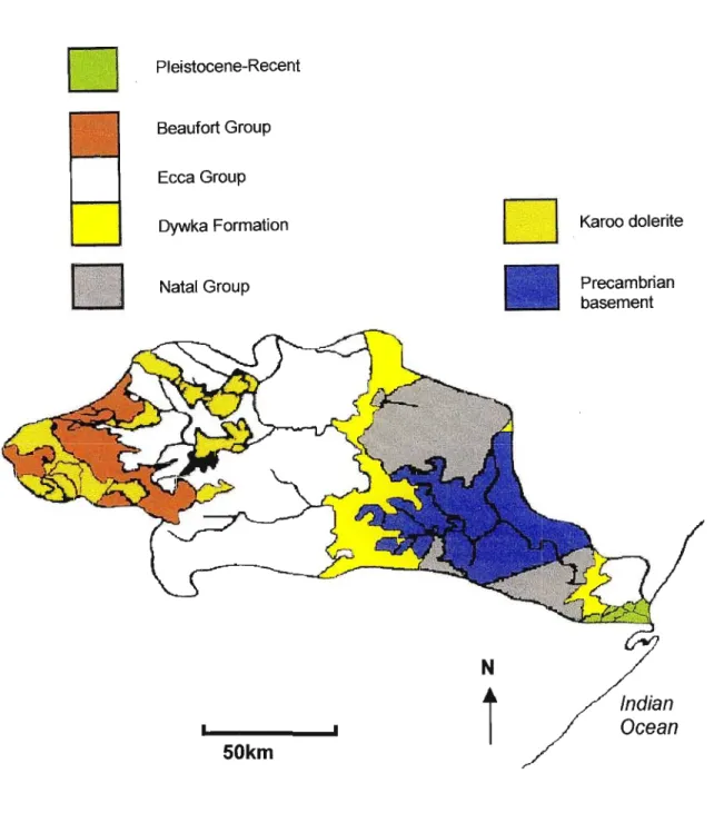 Fig 2.2: Geology of the Mgeni River catchment area. (Cooper, 1986.)