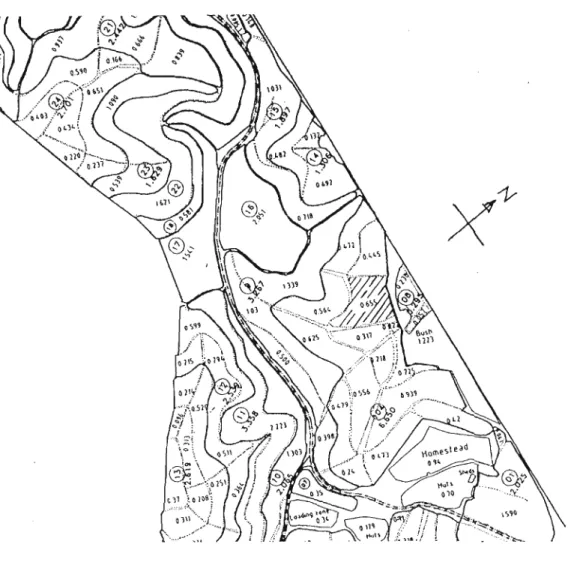 Fig . 4.3 A plan view of a partial section ofInselele farm . The shaded section is the experimental site