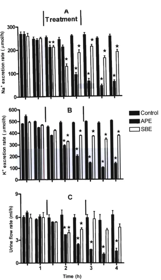 Figure  14.  Na+ (A)  and  K+ (B)  excretion, and,  urine  flow (C)  rates  in 0.077  M NaCI  infused  control  STZ-induced  diabetic  rats,  and  rats  administered  APE  and  SBE  at  0.06  ~g!min  for  1 h  30 min