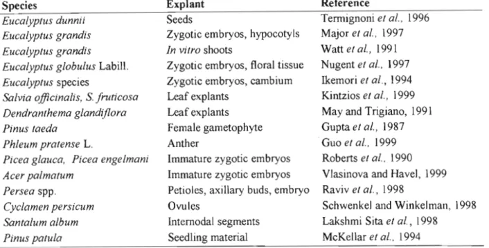 Table 3.1  Examples of reported studies of recent work conducted on somatic embryogenesis  in  some  forest  tree  species