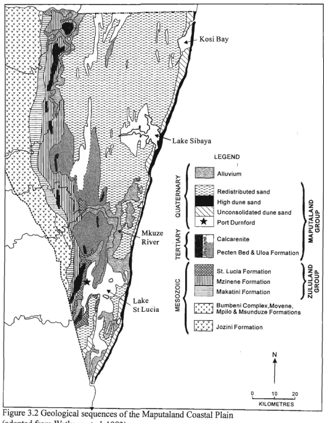 Figure 3.2 Geological sequences of the Maputaland Coastal Plain (adapted from Watkeys et al., 1993)