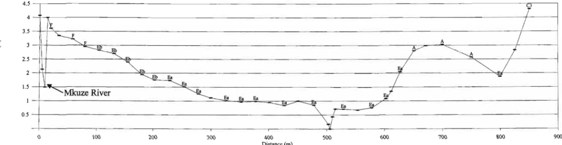 Figure 4.8 Transects 7 and 8 showing topographic profiles and distribution of plant communities (see text for full plant community names).
