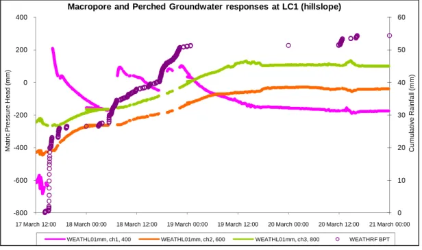 Figure 3.3  Examples of macropore and perched groundwater responses   originating from upper hillslope areas at LC 1 (March 2001)