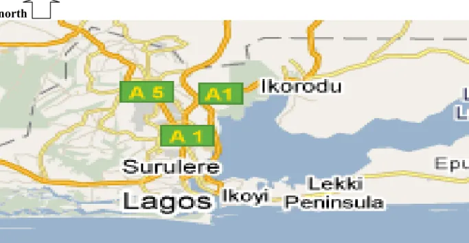 Figure 2.4 shows Lagos Island (where Lagos is written) Ikoyi and Lekki Peninsula constitutes  the new development direction for the middle-income group.The main Land comprises of all  areas north of Lagos Island and Ikoyi;Surulere,Ikorodu and the rest as i