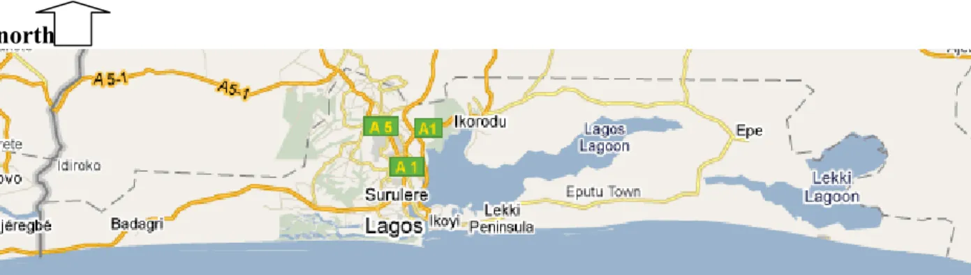Figure  2.2  Shows  the  extent  of  Lagos  state;the  dotted  boundary  lines  show  the  limits.nts.(source,www.googlemap.com) 