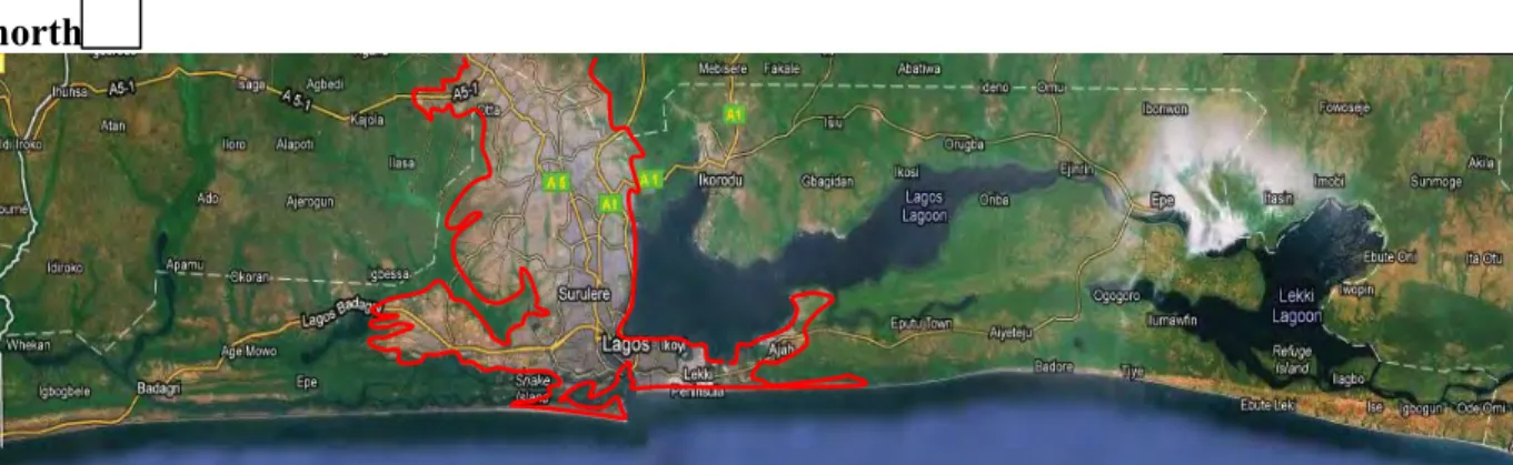 Figure 2.3  Shows the dense patch of the growth of Lagos as at 2010.It is observed that this  growth  to  the  north  is  beyond  the  state  boundary  limits;  this  necessitated  the  mega-city  status.nts.(Source, www.googlemap.com) 