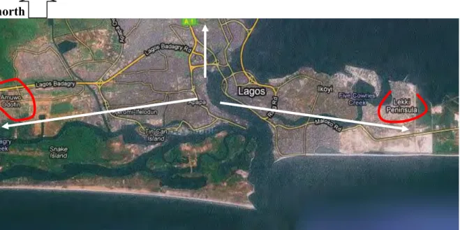 Figure 2.5 shows the development density of the study area;To the far left is Amuwo Odofin  from where Public-corporate estate typology is located,to the right is the lekki peninsula where  the  remainder  three  estate  typologies  are  located.nts.The  w