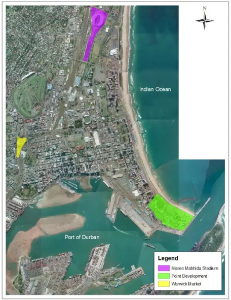 Figure 4.1: Map showing the location of the three mega-projects within the city. 