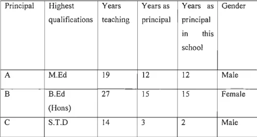 Table 1:  Biographical details of principals 