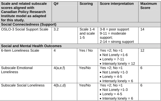 Table 7:  Calculation Scale scores and subscale scores linked to social capital  