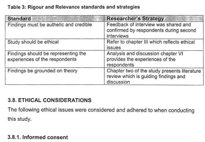 Table 3: Rigour and Relevance standards and strategies