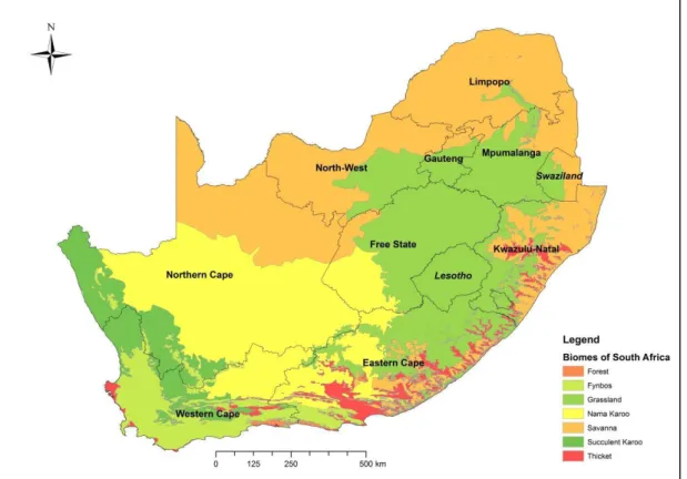 Figure  2.9.  shows  the  major  biomes  across  South  Africa.  These  are  closely  related  to  the  average rainfall and temperature (Figure 2.6