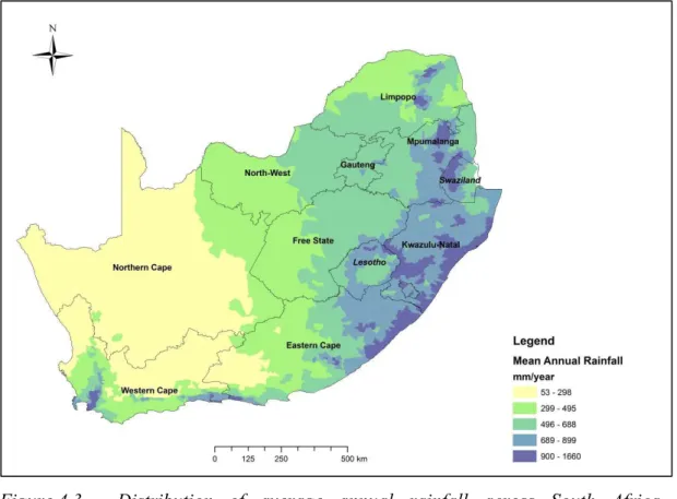 Figure 4.3. shows the mean annual rainfall throughout South Africa. The majority of South  Africa’s  rain  arrives  with  the  easterly  winds  from  the  Indian  Ocean  and  fall  on  Kwa-Zulu  Natal,  Mpumalanga  and  the  northern  Eastern  Cape  (CIA, 